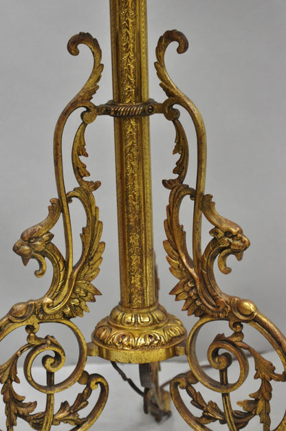 Victorian Bronze Griffin Figural Converted Oil Lamp Marble Side Table Floor Lamp