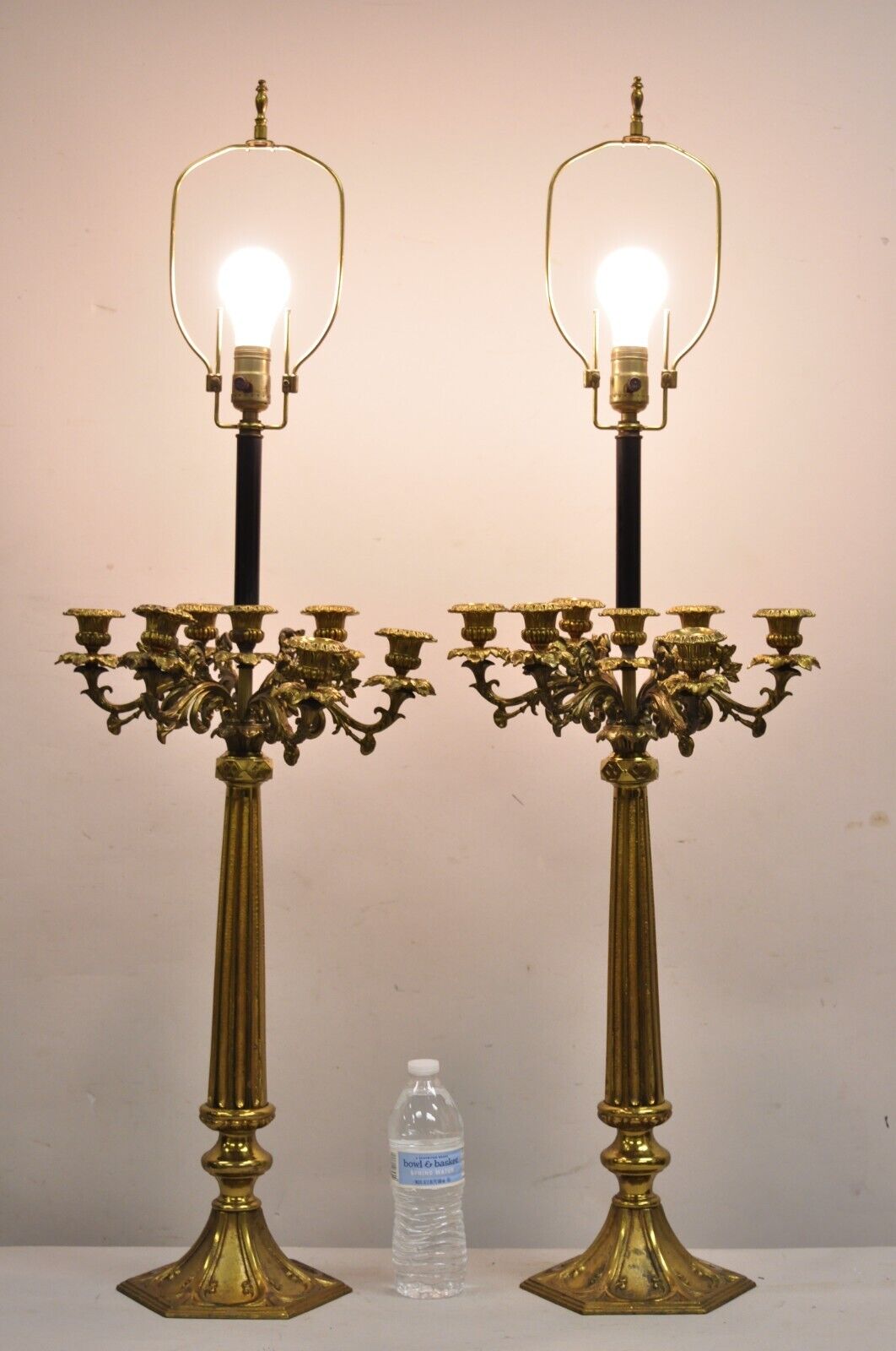 Antique Gothic French Empire Renaissance Bronze Candelabra Table Lamps - a Pair