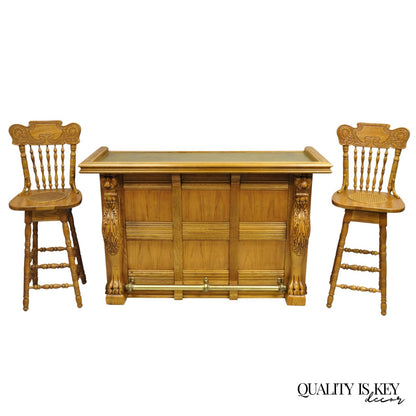 Pulaski Keepsake Collection Oak Wood Bar with Griffins and 2 Swivel Bar Stools