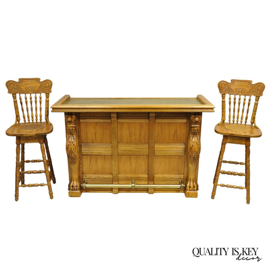 Pulaski Keepsake Collection Oak Wood Bar with Griffins and 2 Swivel Bar Stools