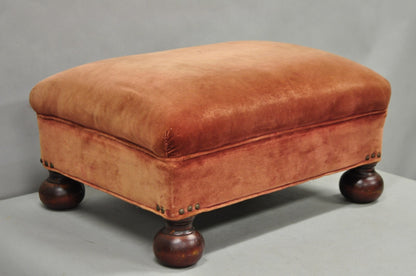 Vintage Jacobean William & Mary Walnut Bun Feet Upholstered Ottoman Footstool