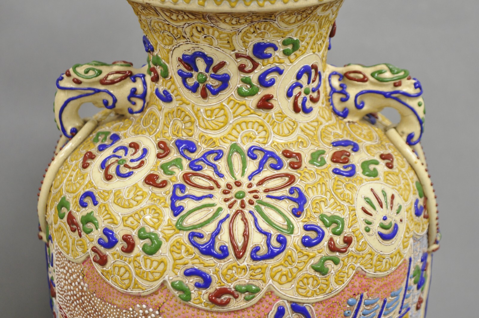 Antique Chinese Porcelain Painted Applied Scene Satsuma Vase Table Lamps - Pair