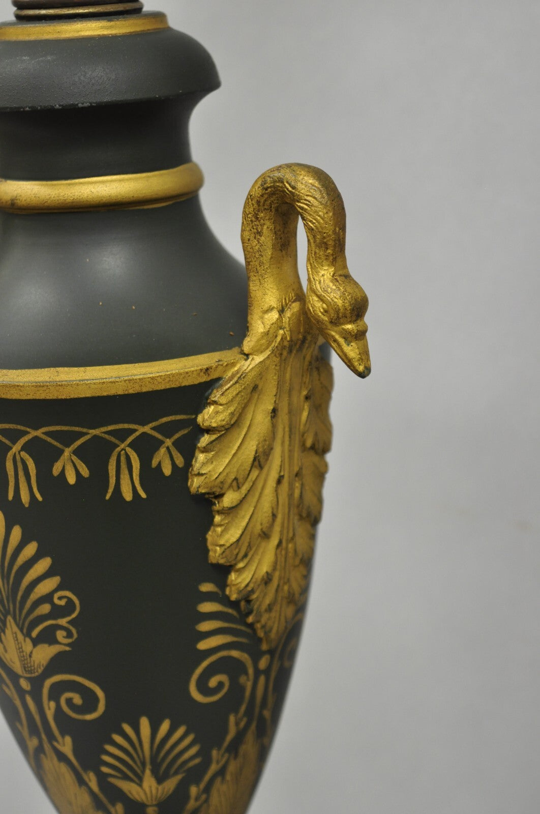 Vintage French Empire Green Tole Metal Gold Swan Painted Urn Table Lamp
