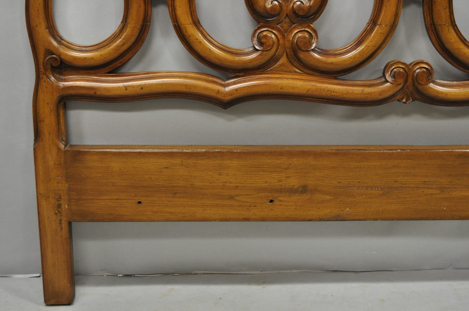 French Country Provincial Carved Fruitwood Walnut Scrolling Queen Bed Headboard