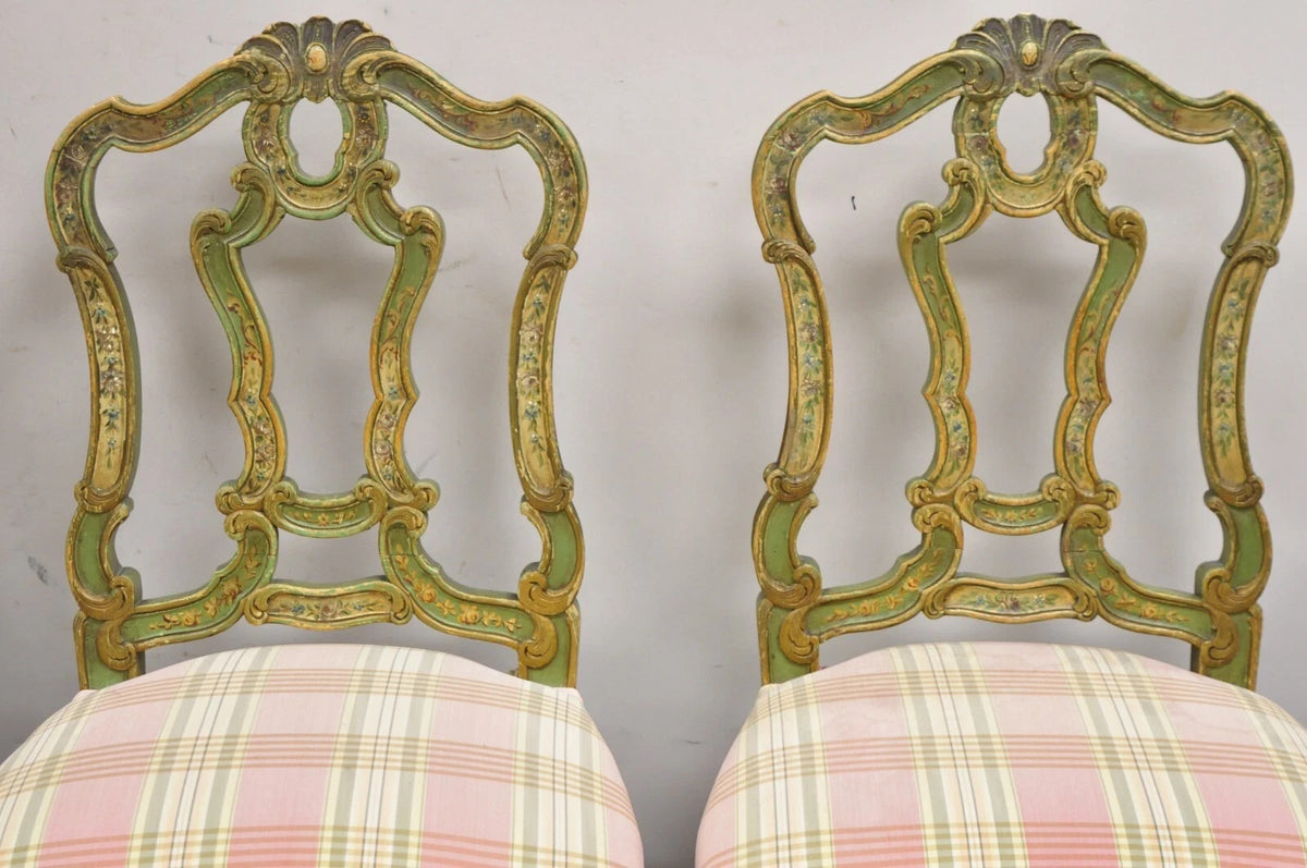 Antique Italian Venetian Green Floral Hand Painted Dining Side Chairs - Set of 4