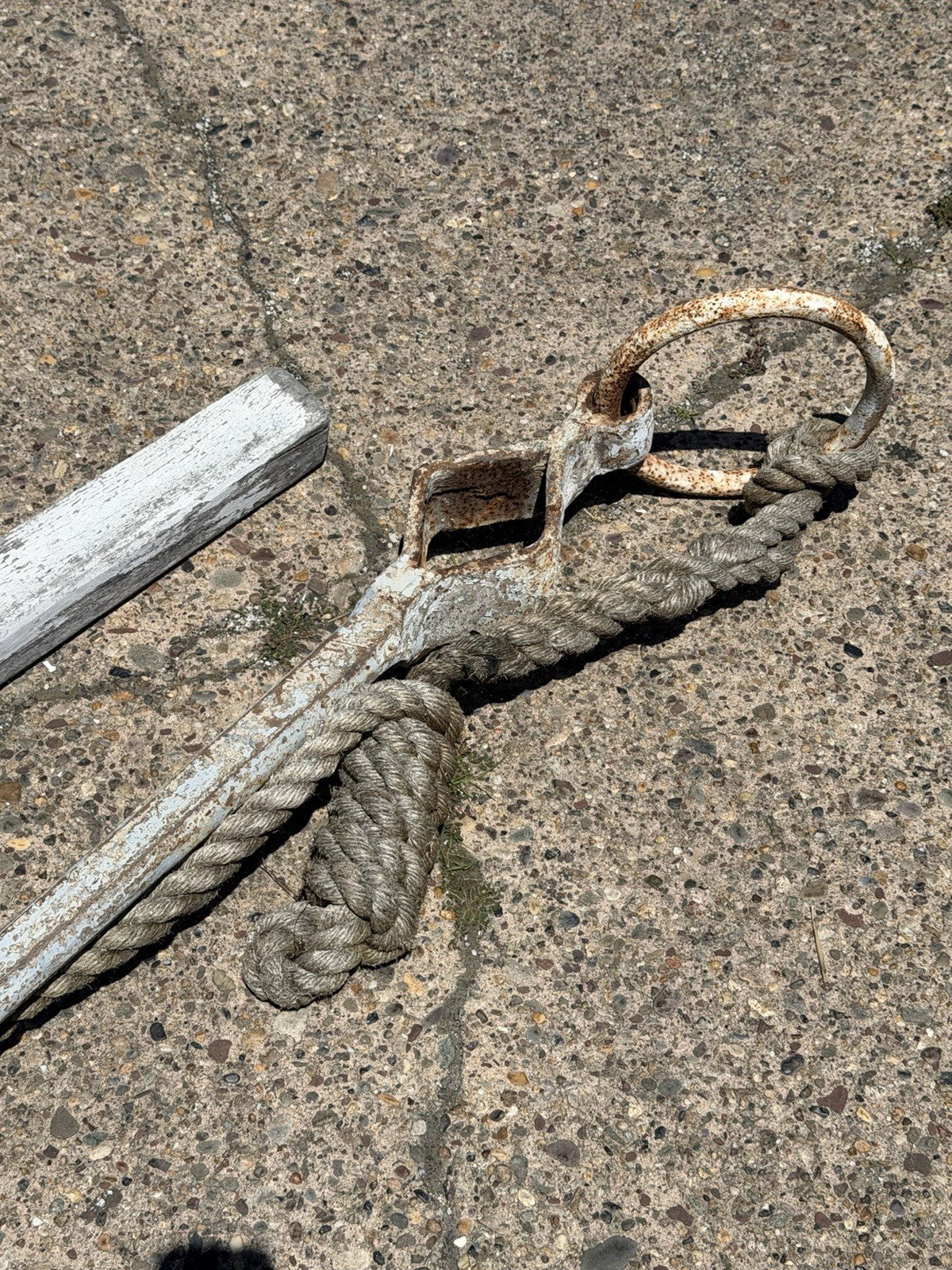 Antique English Victorian Maritime Cast Iron Large Boat Ship's Anchor and Rope