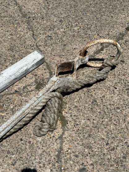 Antique English Victorian Maritime Cast Iron Large Boat Ship's Anchor and Rope