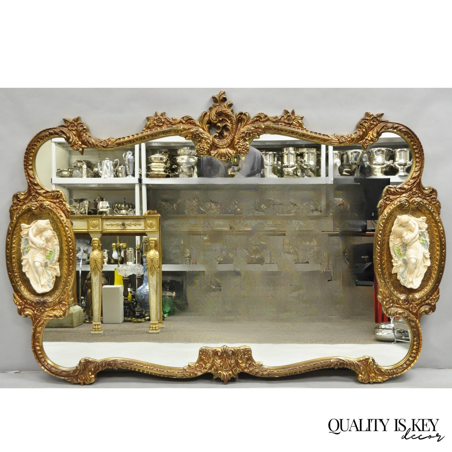 Vintage French Rococo Large Gold Wall Mirror with Bisque Figural Lovers Plaques