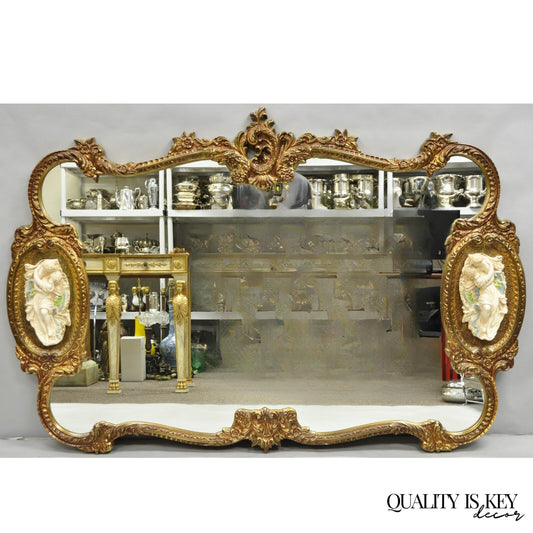 Vintage French Rococo Large Gold Wall Mirror with Bisque Figural Lovers Plaques