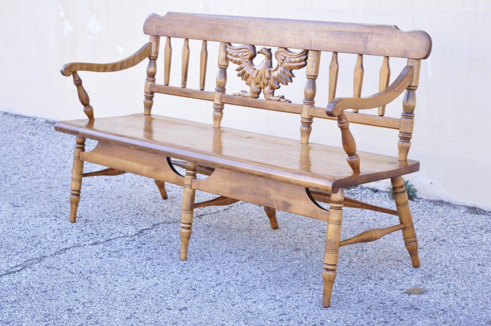 Vintage Cushman Maple Wood Settee Bench Carved Eagle Back Deacons Bench