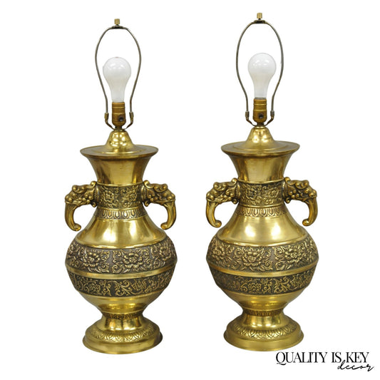 Vintage Brass Chinese Jardinière Elephant Handle Oriental Table Lamps - a Pair