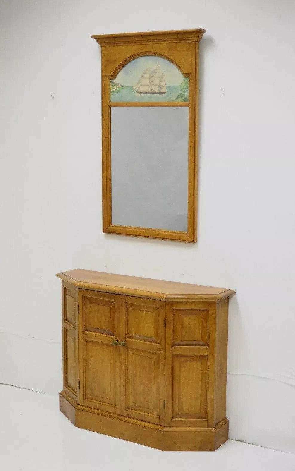 Conant Ball Colonial Maple Wood Console Cabinet Table w Clipper Ship Wall Mirror