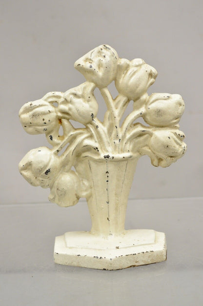 Antique Victorian Cast Iron Figural White Tulip Bouquet Painted Door Stop