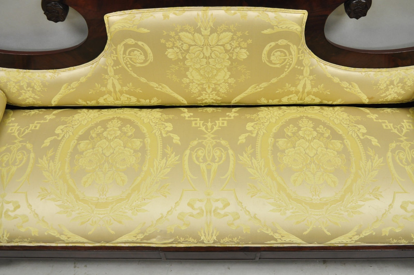 Antique American Empire Neoclassical Carved Mahogany Sofa with Gold Fabric