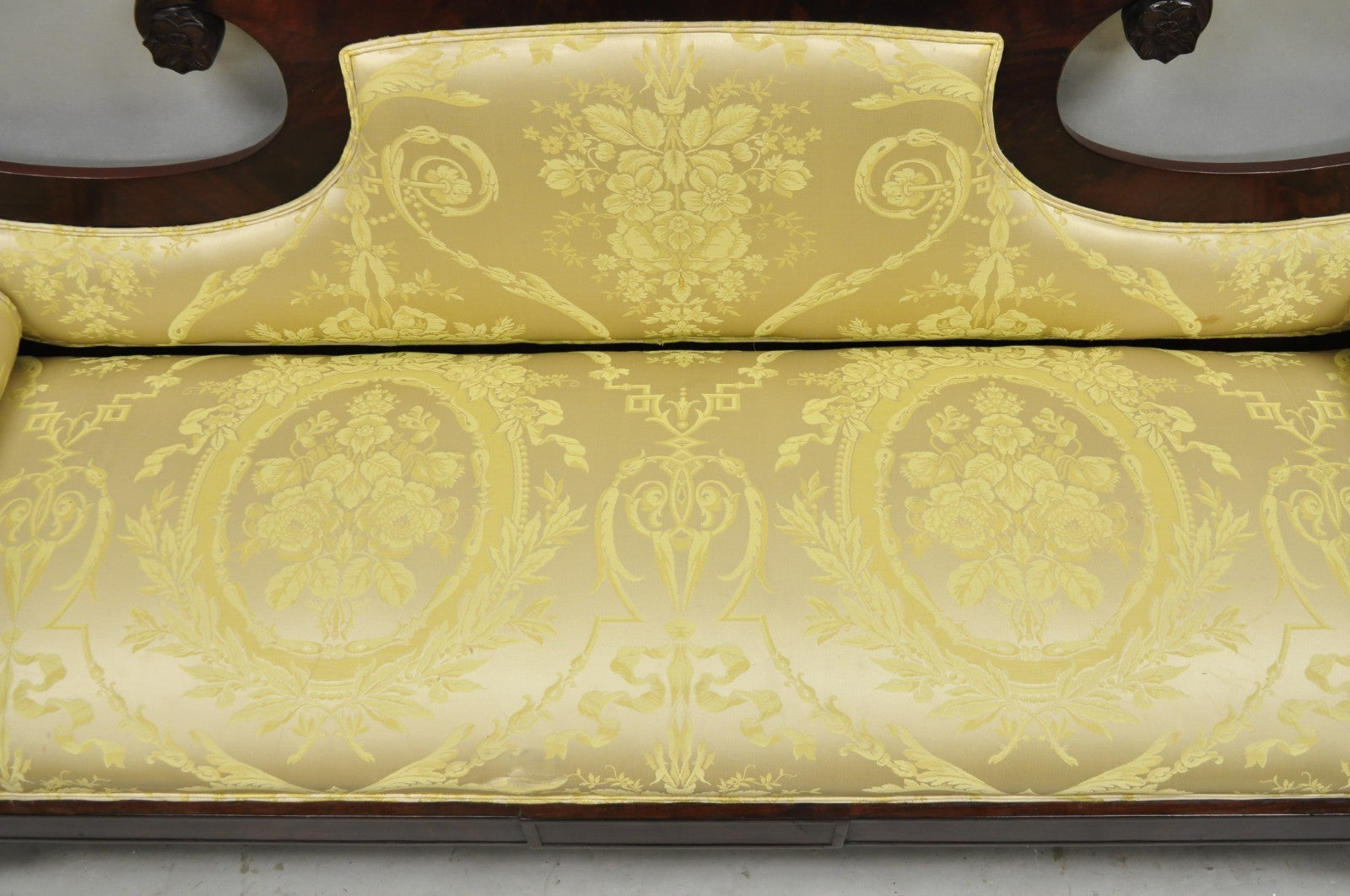 Antique American Empire Neoclassical Carved Mahogany Sofa with Gold Fabric