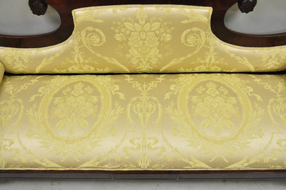 Antique American Empire Neoclassical Carved Mahogany Sofa with Gold Fabric
