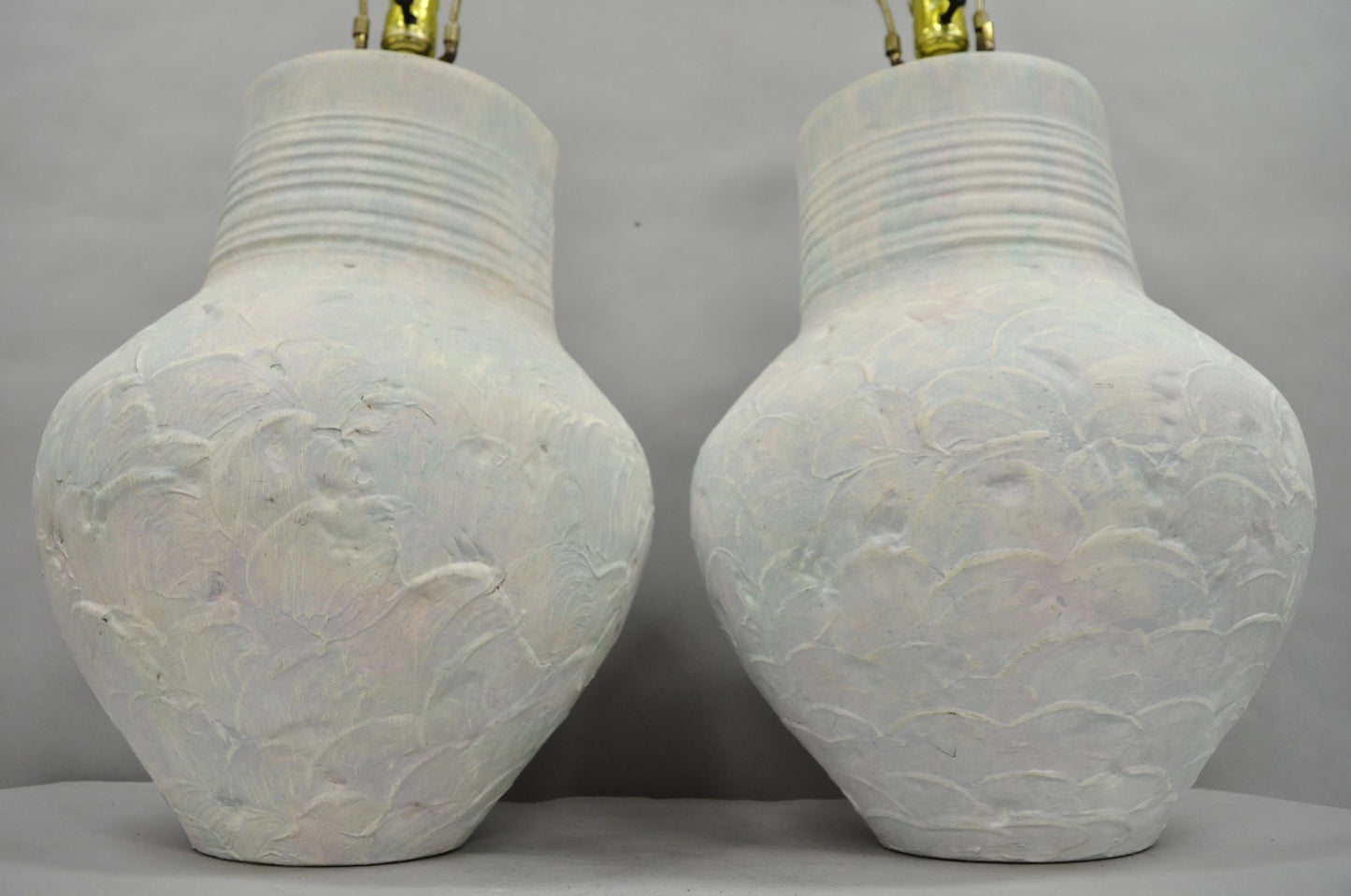 Vintage Postmodern Beach House Ceramic Plaster White Bulbous Table Lamps, a Pair