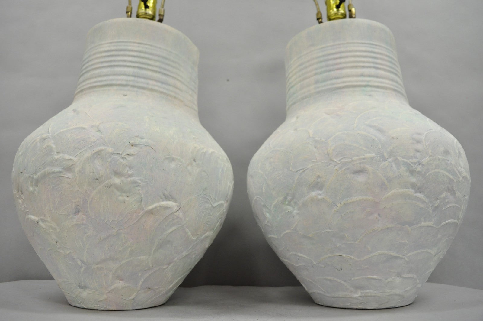 Vintage Postmodern Beach House Ceramic Plaster White Bulbous Table Lamps, a Pair
