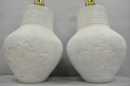 Vintage Postmodern Beach House Ceramic Plaster White Bulbous Table Lamps, a Pair
