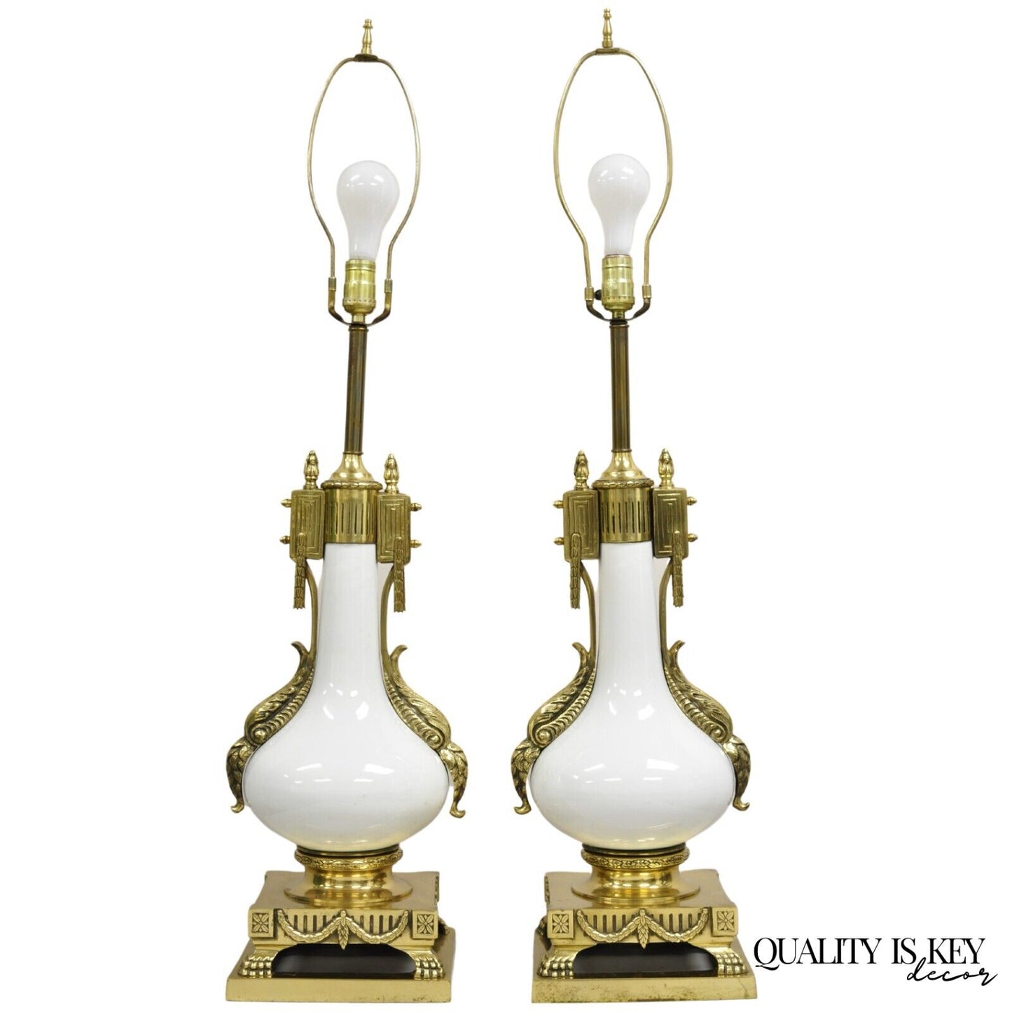 Vintage French Empire Neoclassical White Porcelain Brass Ormolu Table Lamp Pair