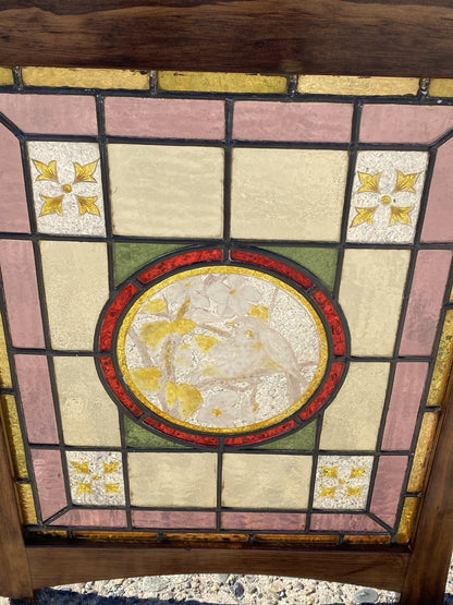Antique French Art Nouveau Stained Leaded Glass Windows with Birds - a Pair
