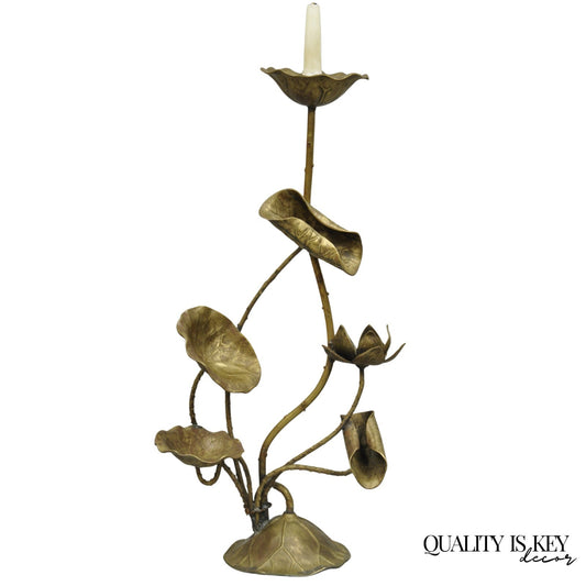 Vintage Hollywood Regency Brass Lotus Leaf Lily Pad Single Candlestick Holder
