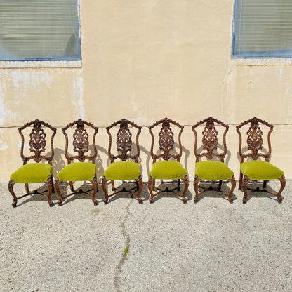 Antique French Rococo Revival Carved Walnut Dining Side Chairs - Set of 6