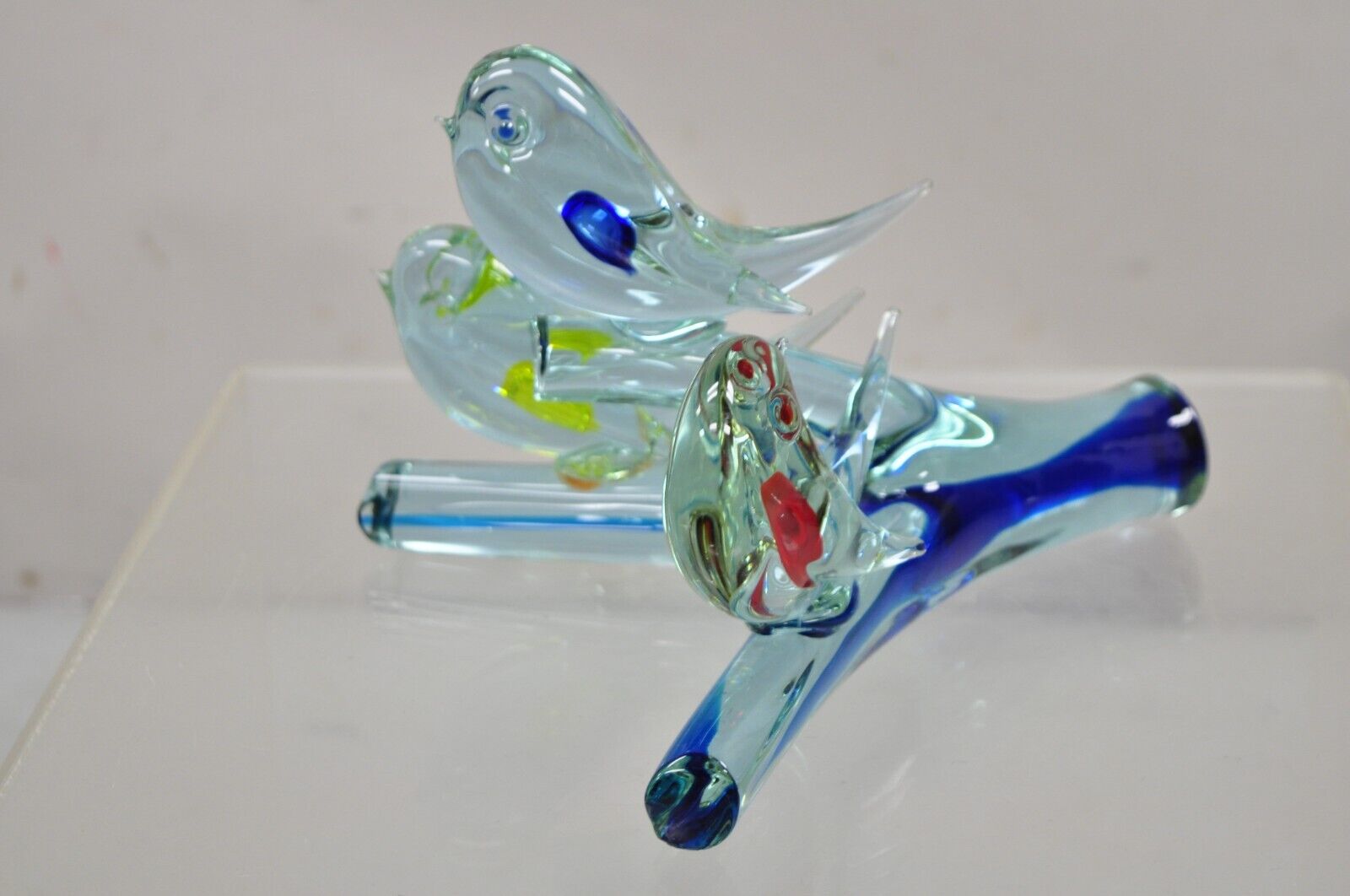 Vintage Murano Italy Art Glass Modernism 3 Birds Perched on Branch Sculpture