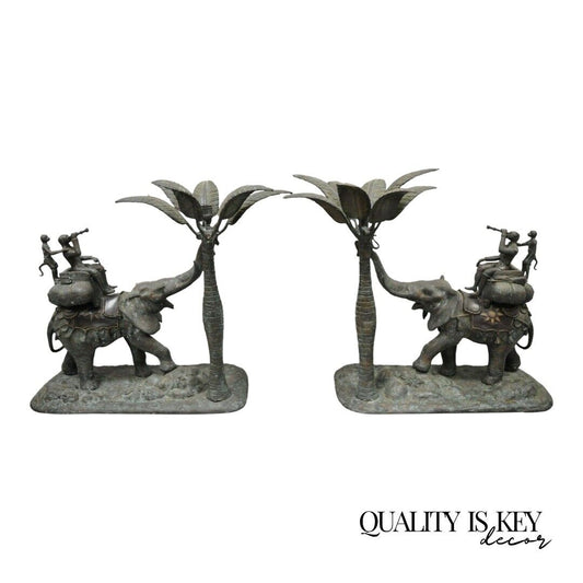 Maitland Smith Bronze Monkey Elephant Palm Tree Sculpture Candle Holder - a Pair