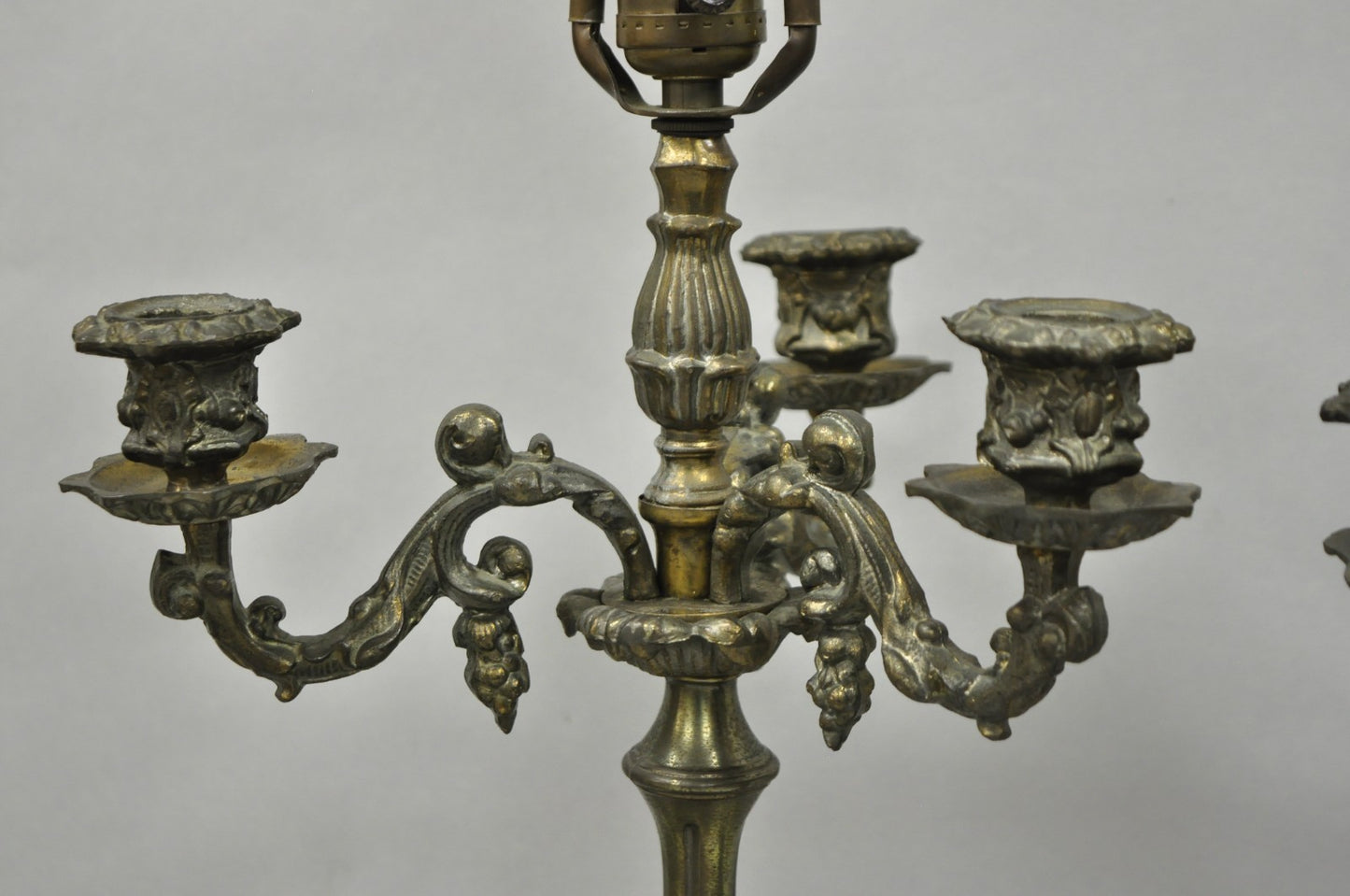 French Renaissance Figural Spelter Metal Cherub Candelabra Table Lamps - a Pair