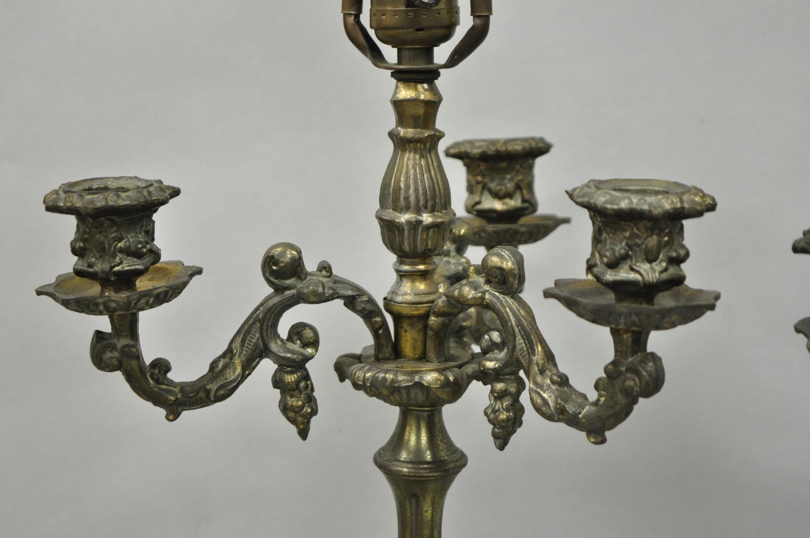 French Renaissance Figural Spelter Metal Cherub Candelabra Table Lamps - a Pair