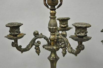 French Renaissance Figural Spelter Metal Cherub Candelabra Table Lamps - a Pair