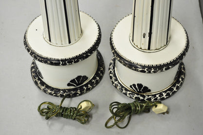 Vintage Hollywood Regency Lotus Leaf Black & White Metal Column Table Lamps Pair