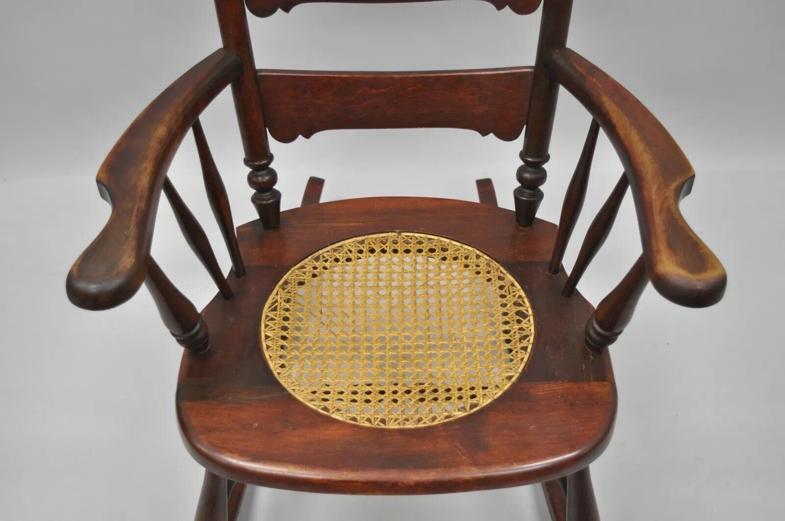 Antique Victorian Carved Mahogany Figural Eagle Cane Seat Rocker Rocking Chair