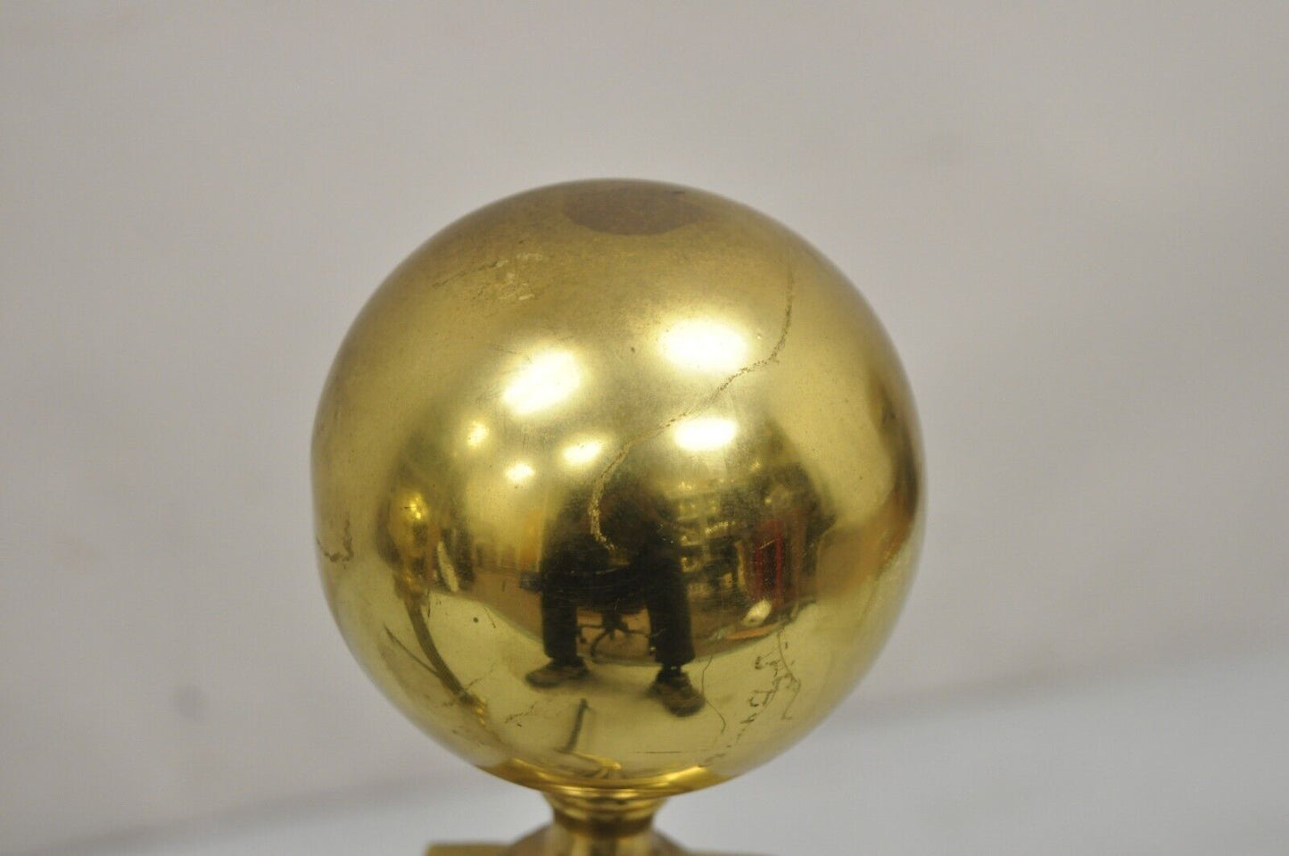 Vintage French Empire Style Brass Cannonball Column Form Branch Foot Andirons