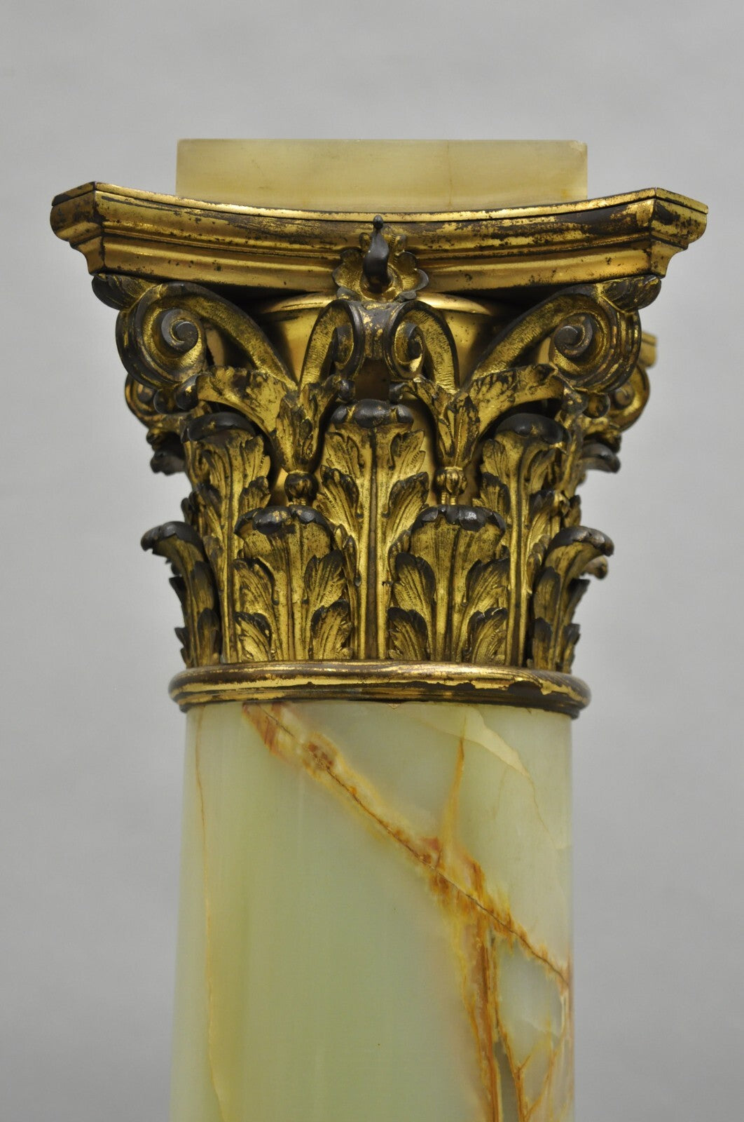 Antique French Empire Bronze Classical Corinthian Column Green Onyx 30" Pedestal