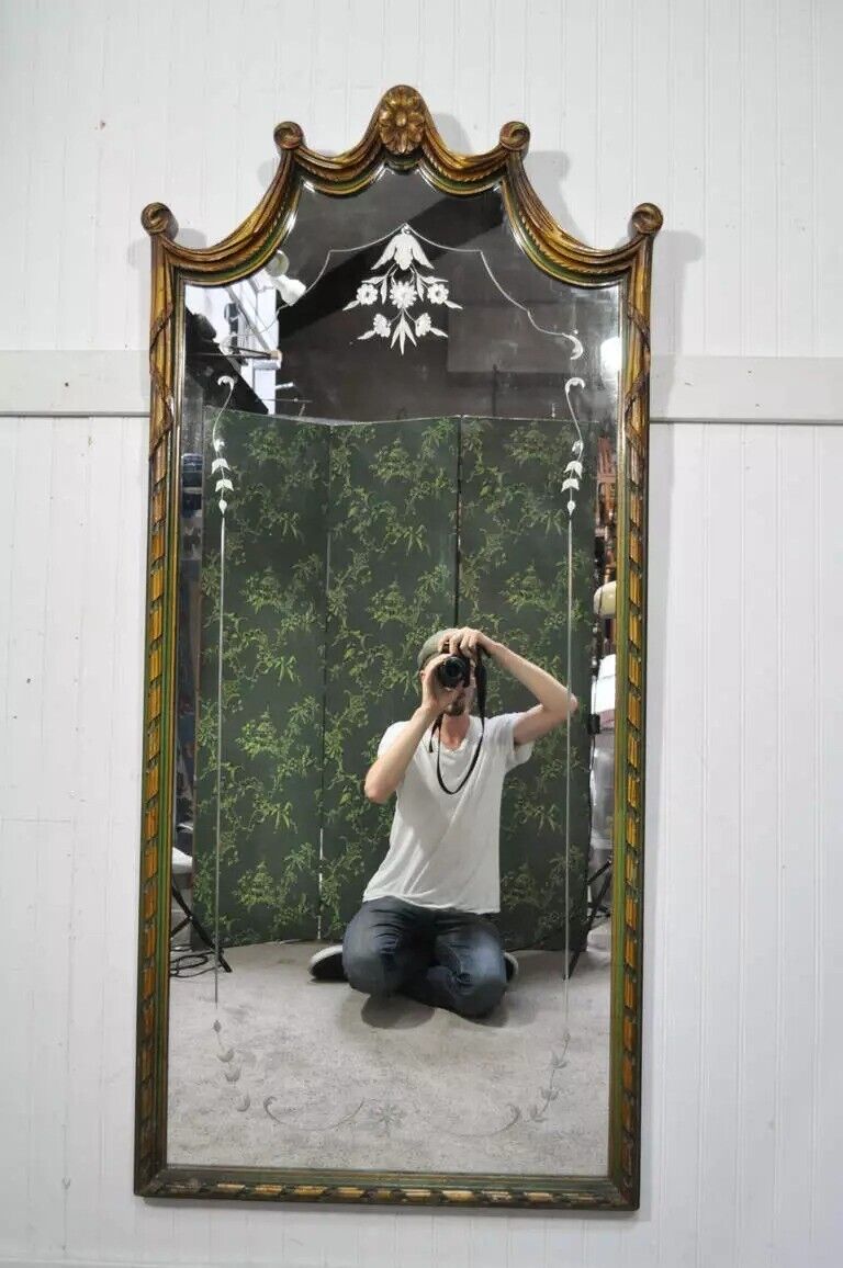 Antique French Louis XV Style Green & Gold Carved Drape Floral Etched Mirror