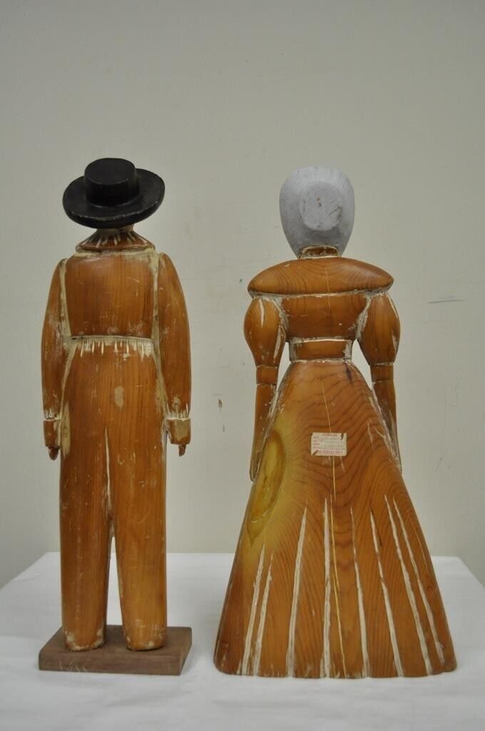 Vintage Sarreid Ltd Pine Wooden Folk Art Sculptures Man and Woman 22" Tall Pair