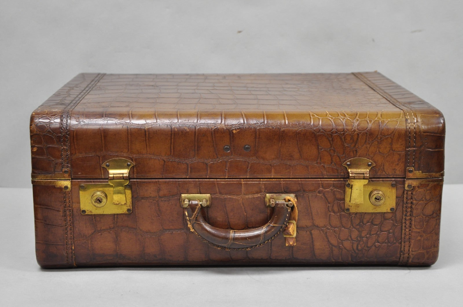 Vintage Art Deco Brown Leather Faux Crocodile Hard Case Suitcase Luggage