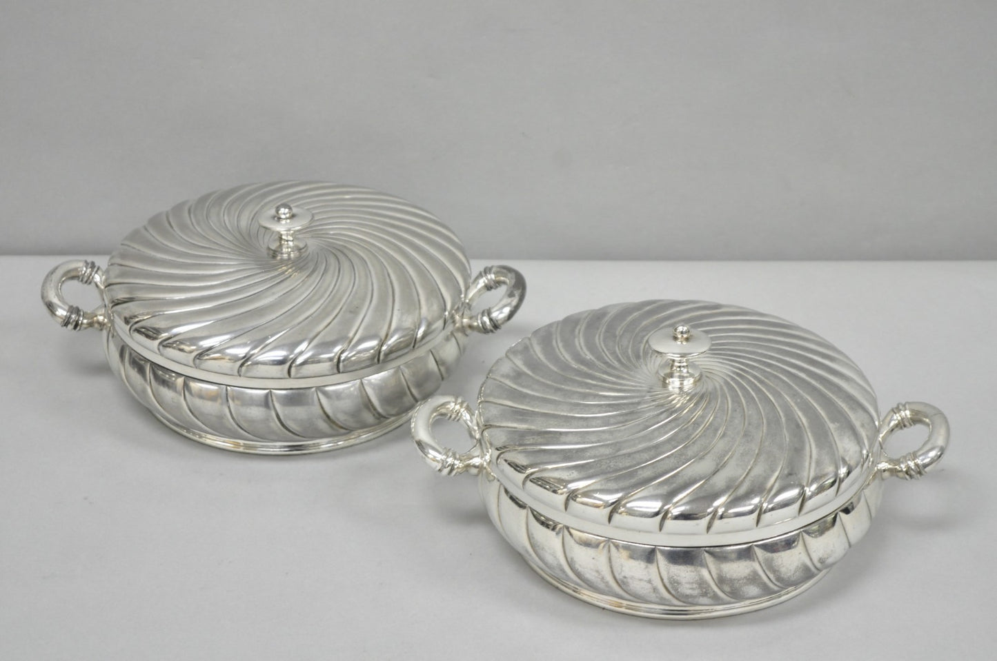 Antique Meriden B Co Spiral Swirl Silver Plated Covered Serving Dish Tureen Pair