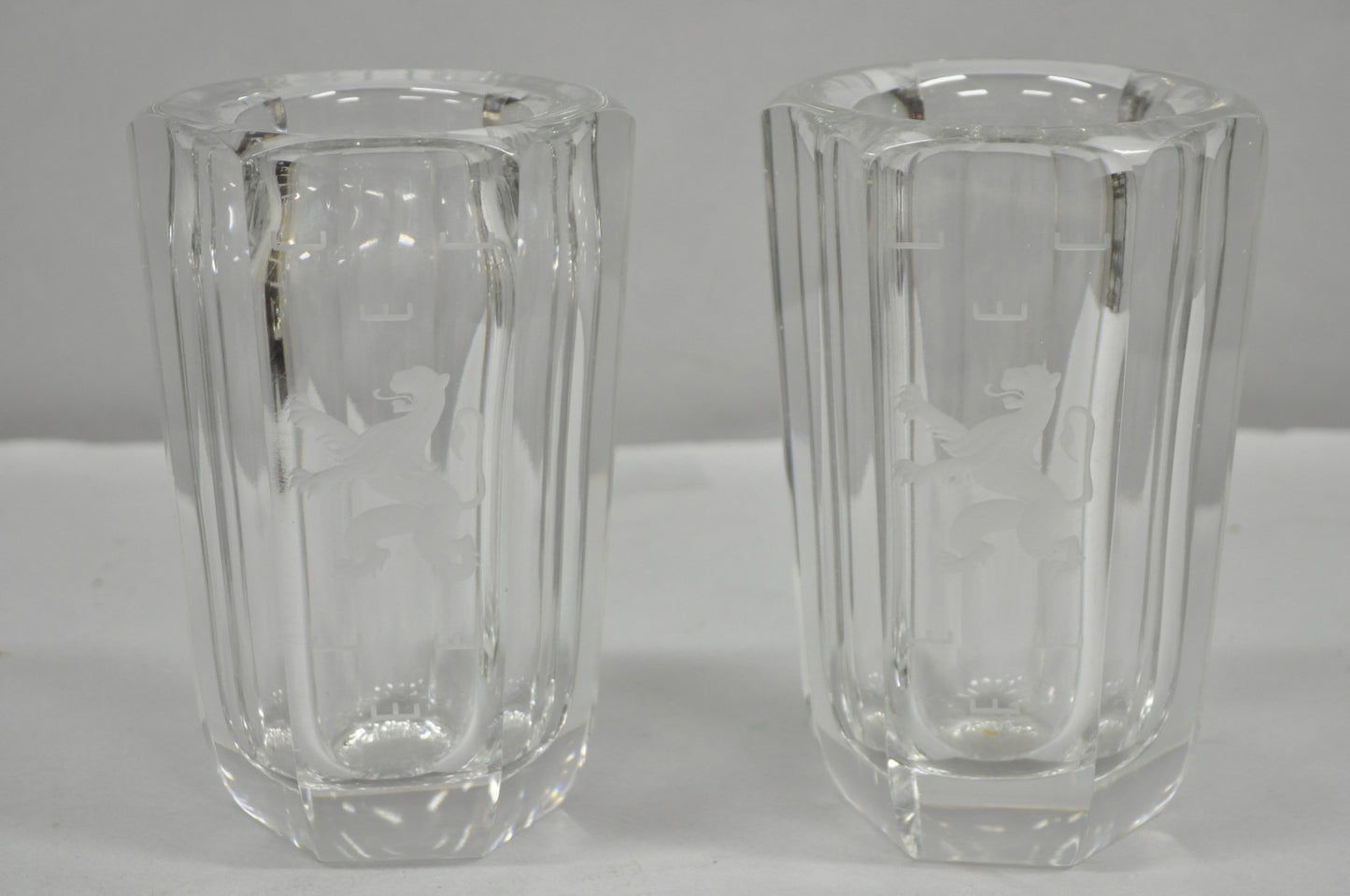 Vintage Kosta Boda Elis Bergh Etched Rampant Lion Crystal Glass 7.5" Vase a Pair