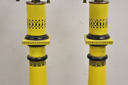 Antique Italian Regency Yellow Painted French Tole Metal Column Table Lamp Pair