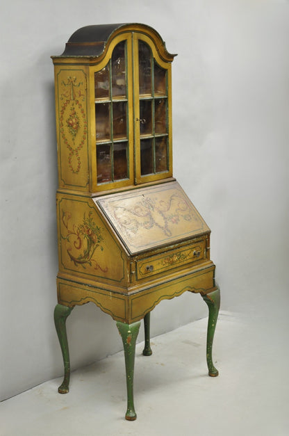 Antique English Adams Style Distress Hand Painted Narrow Secretary Writing Desk