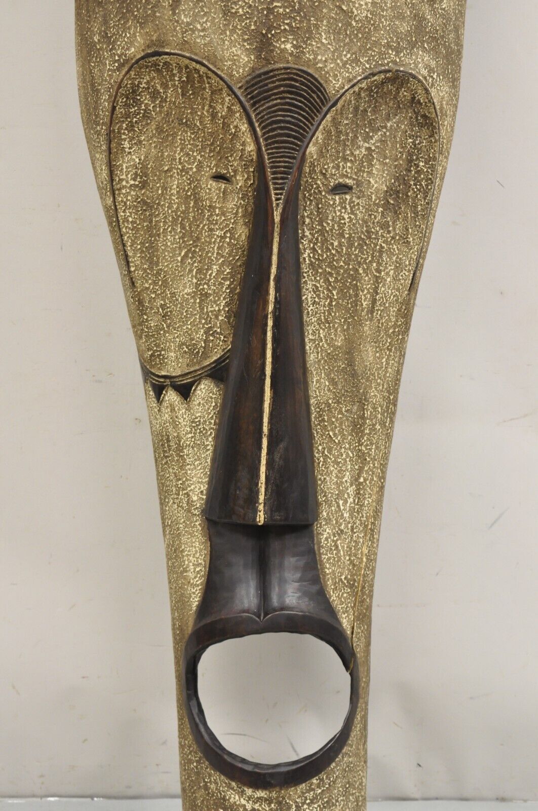 Large 80" Gabon African Carved Wood Elongated Fang Ngil Mask Sculpture Statue