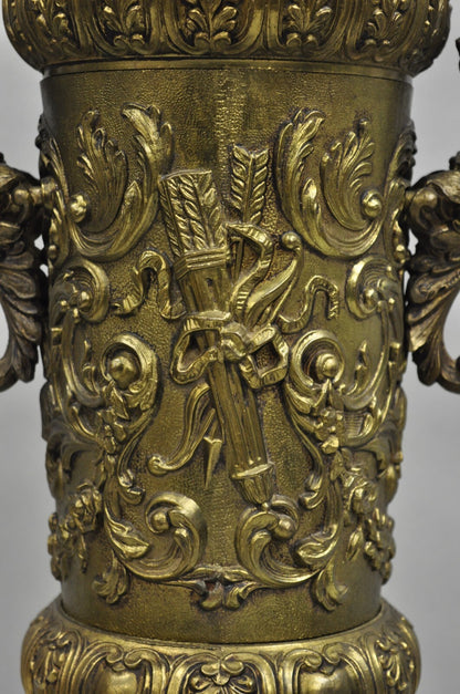 Antique Italian Renaissance Gold Bronze Figural Twin Handle Urn Large Table Lamp