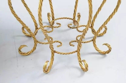 Italian Hollywood Regency Gold Gilt Iron Rope Round Marble Top Low Tables - Pair