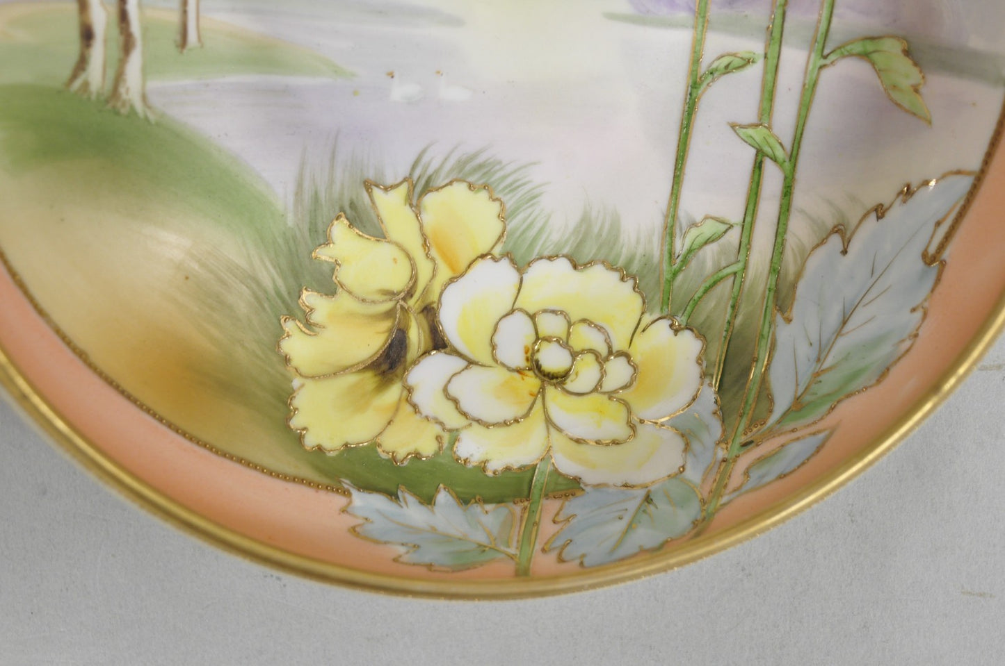 Antique Nippon Morimora Hand Painted Flowers & Ducks Coral Porcelain Bowl (A)