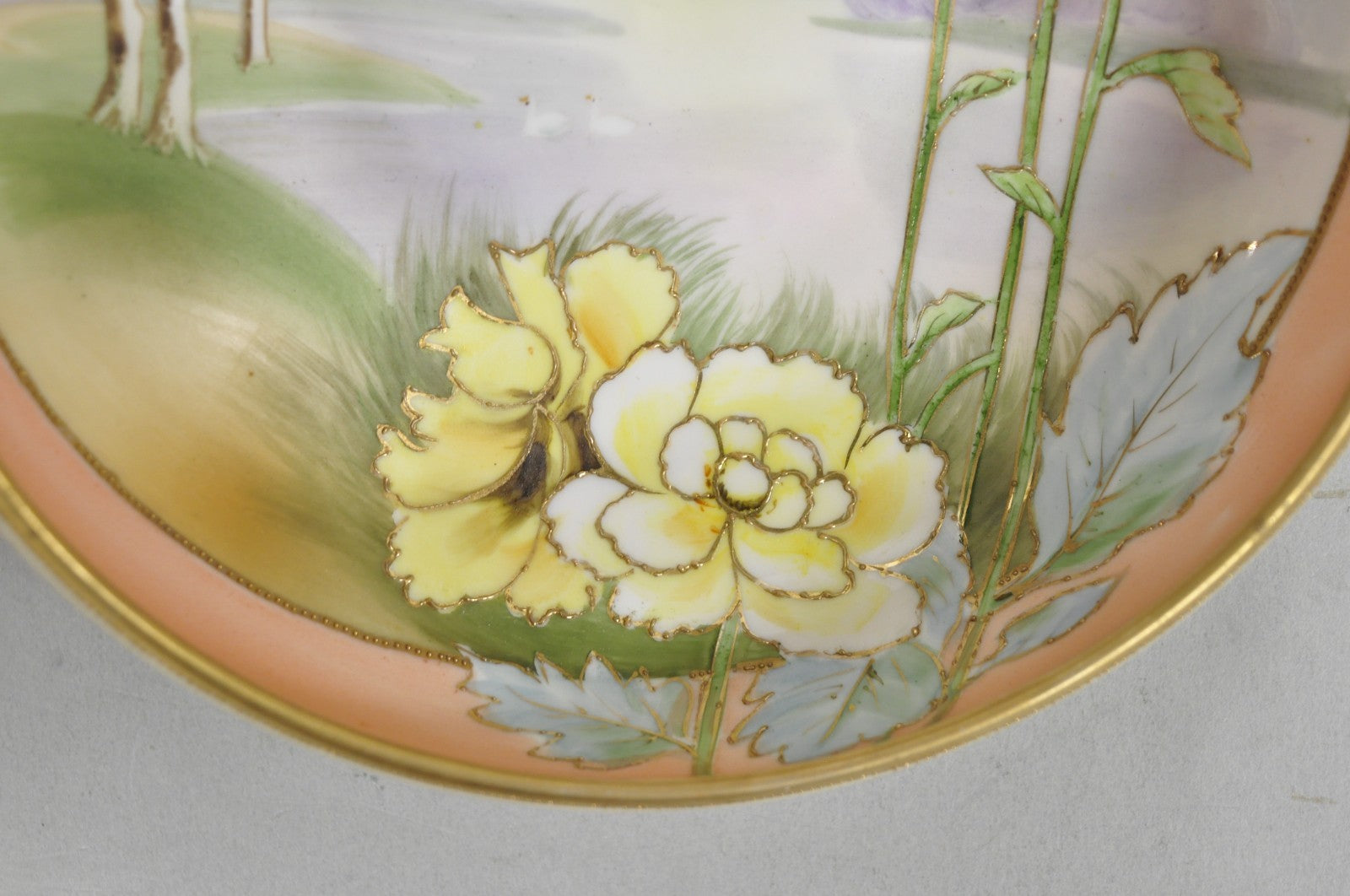 Antique Nippon Morimora Hand Painted Flowers & Ducks Coral Porcelain Bowl (A)