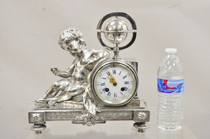 French Louis XV M Franjus Raison & Boyer Silver Plated Bronze Putto Mantel Clock