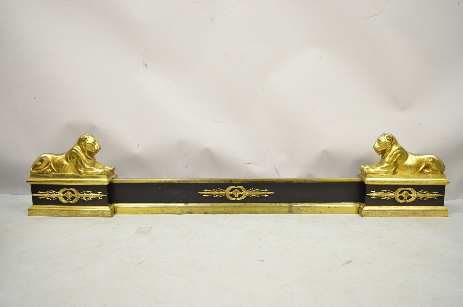 French Empire Neoclassical Bronze Lion Andirons Chenets with Fender - 3 pc set